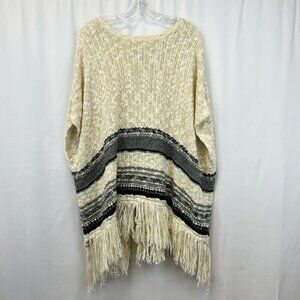 Sinuous Womens Pullover Sweater Beige Gray Striped Short Sleeve Fringe Hem M